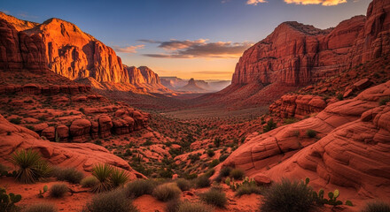 Panoramic view of a canyon with red rock formations at sunset, showcasing the natural beauty of the american southwest, perfect for travel and landscape photography