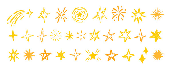 Yellow stars and sparkles set. Stars isolated on white background. Set of pastel brush stars crayon elements.