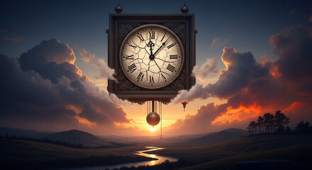 A surreal scene of an antique clock floating in the sky above a serene landscape, with a river winding through rolling hills at sunset