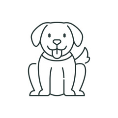 A dog with floppy ears visible tongue and a curly tail is sitting. editable line icon