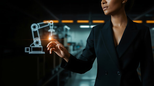 Woman touching holographic robotic arm in factory setting image
