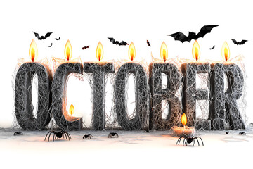 3D spider web lettering with candle glow, bats and spiders on white. Words included: Halloween, Trick or Treat, Happy Halloween, Spooky, Boo!, Creepy, October. Festive clipart style.