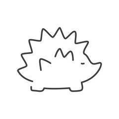 A simple line drawing depicts a stylized hedgehog with a spiky back small legs and a short snout. editable line icon