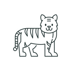 A stylized tiger illustration outlined in black It features distinct stripes a friendly face and a simplified design. editable line icon
