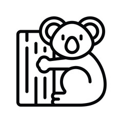 Black outlined koala clings to eucalyptus tree with distinct nose and eyes. editable line icon