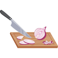 Pixel Art Chef Knife Slicing Red Onion on Wooden Cutting Board with Transparent Background Illustration