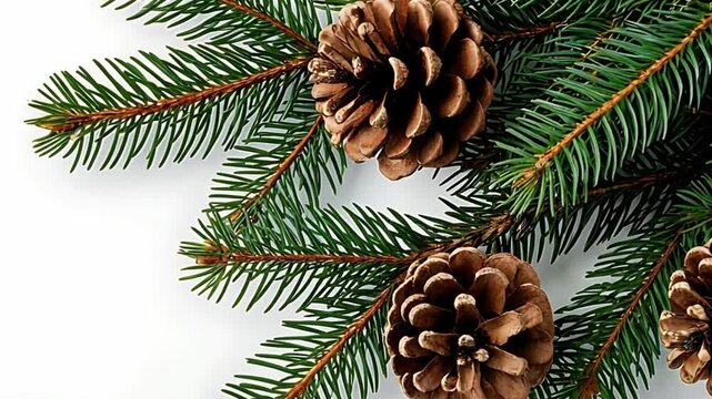 Fir branches with brown pinecones creating a festive border on a white background, perfect for Christmas or winter holiday design