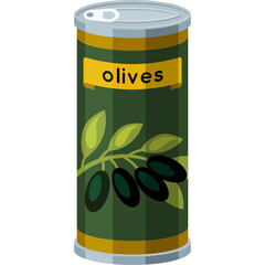 Pixel Art Green Can Of Olives With Yellow Label And Olive Branch Graphic On Transparent Background