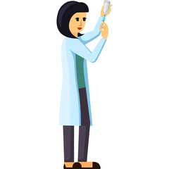 Pixel Art Female Scientist Holding Syringe with Fluid in Light Blue Lab Coat and Dark Pants White Background
