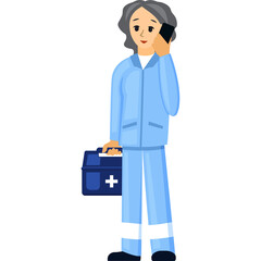 Pixel Art Healthcare Professional In Light Blue Uniform Holds Medical Bag And Talks On Phone