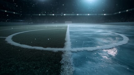 The sports arena is divided into a green football section and an ice hockey section for games.