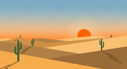 Minimalist desert landscape illustration with cactus plants, sand dunes, and a setting sun, creating a peaceful and serene scene with warm colors and clear sky