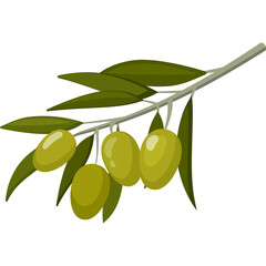 Pixel Art Illustration of a Green Olive Branch with Four Olives and Dark Green Leaves on a Transparent Background