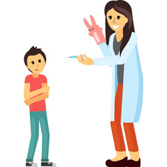 Pixel Art Illustration of a Concerned Boy Receiving a Vaccination from a Cheerful Doctor Holding a Syringe and Pink Bunny Puppet on Transparent Background