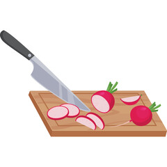 Pixel Art Illustration Of A Chef Knife Slicing Radishes On A Wooden Cutting Board With A Transparent Background