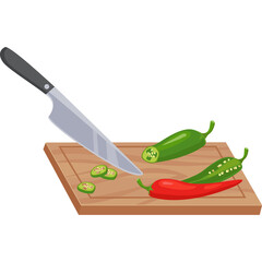 Pixel art illustration of a kitchen knife slicing red and green jalapeno peppers on a wooden cutting board against a transparent background