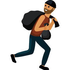 Pixel Art Illustration Of A Male Character Wearing A Beanie And Holding A Large Black Sack And A Small Black Bag While Running With A Transparent Background