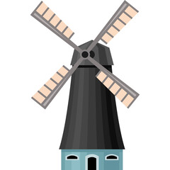 Pixel Art Illustration of a Traditional Dark Gray Windmill with Four Beige Blades and a Light Blue Base on a Transparent Background Representing Rural European Architecture