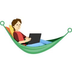 Pixel Art Person Relaxing In A Green Hammock Using A Laptop Computer With A Yellow Pillow And A Red Shirt And Blue Jeans On A Transparent Background
