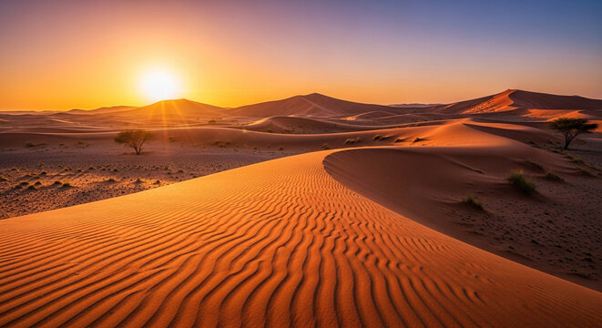 Golden sunset over the vast desert landscape, with rolling sand dunes and sparse trees creating a tranquil and picturesque scene in the namib desert