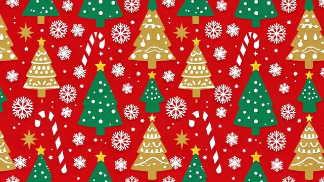 Festive holiday pattern featuring green and gold Christmas trees, white snowflakes, candy canes, and stars on a bright red background