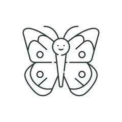 Line art of a butterfly with round spots on its wings antennae and a small smiling face. editable line icon