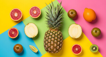 A vibrant assortment of tropical fruits, including pineapple, grapefruit, apple, orange, lime, and kiwi, arranged on a colorful background