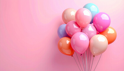 Colorful Balloons Bunch Floating Against Pink Background.