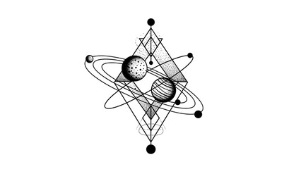 Geometric Planet Design Monochrome Space Art on Black