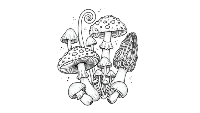 Assorted Black and White Mushrooms on Transparent Background Graphic Illustration