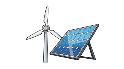 Renewable Energy Blue Solar Panel and White Wind Turbine on Transparent Background