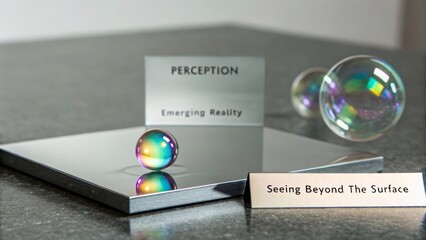 A shiny reflective chrome surface with iridescent spheres and signs