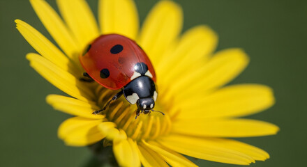 Obraz premium A ladybug perched on a vibrant yellow flower, showcasing natures beauty with its bright colors and intricate details in a natural setting