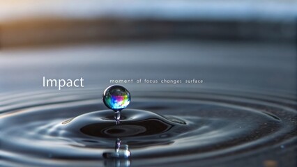 A single iridescent droplet of water forming ripples on surface