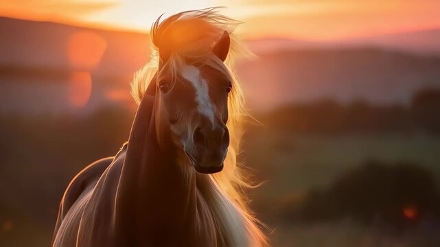 Cinematic view of horse&rsquo;s mane flowing in wind, backlit by sunset