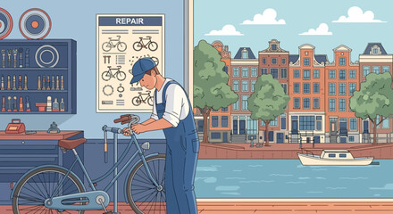 Bicycle repair in Amsterdam: A craftsman's haven with scenic canal views