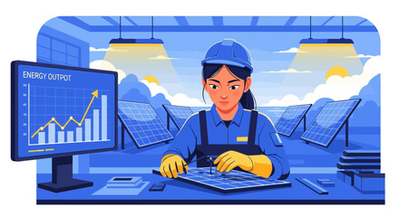 Female engineer optimizing solar panel energy efficiency in clean energy sector