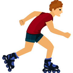 Pixel Art Young Man With Red Hair Wearing A Maroon T Shirt And Blue Shorts Skateboarding Outdoors With Blue And Black Rollerblades On A Transparent Background