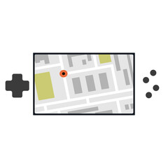 Pixelated illustration of a handheld gaming device displaying a city map with a red location marker and directional buttons symbolizing navigation and exploration in virtual worlds © Kepin
