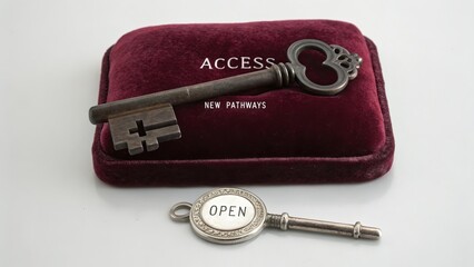 Antique Key Resting on Velvet Box With Text and Silver Key