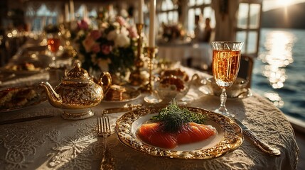 Naklejka premium Elegant table setting with food and drink overlooking water in a bright setting.