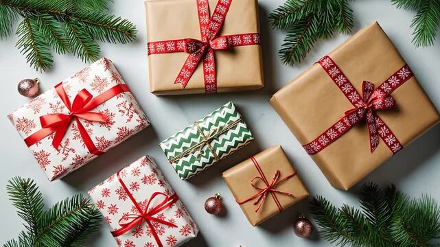 Christmas presents wrapped in festive paper with ribbons, accompanied by green pine branches and ornaments on a white background