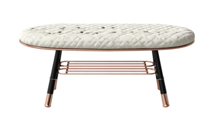 Quilted cream ottoman with copper/black legs, shelf. Simple design