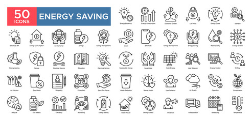 Energy Saving collection set. Energy Efficiency, Energy Consumption, Economic Growth, Demand,management, Electrical Service , Presentation, Salary, icon. Simple outline vector illustration