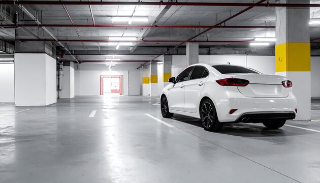 White car parked in an empty underground parking garage. - Powered by Adobe