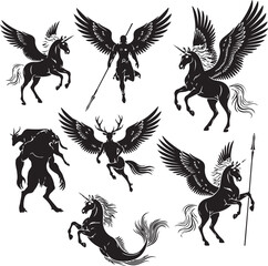 Fototapeta premium Mythical Beings: A captivating illustration showcasing an ensemble of mythical creatures, each a unique embodiment of fantasy and legend.