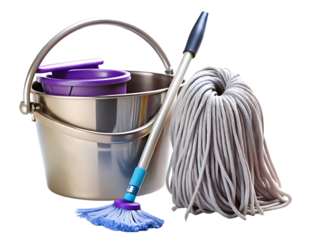 Cleaning Equipment Still Life with Mop Bucket and Head for House Cleaning and Janitorial Services