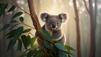 A koala clings to a eucalyptus tree, surrounded by a soft, misty forest atmosphere, creating a serene wildlife scene.