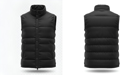 Sleek black down vest isolated, showcased from front and back perspectives