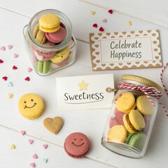 Colorful Macarons and Cookies in Glass Jars on a Wooden Surface